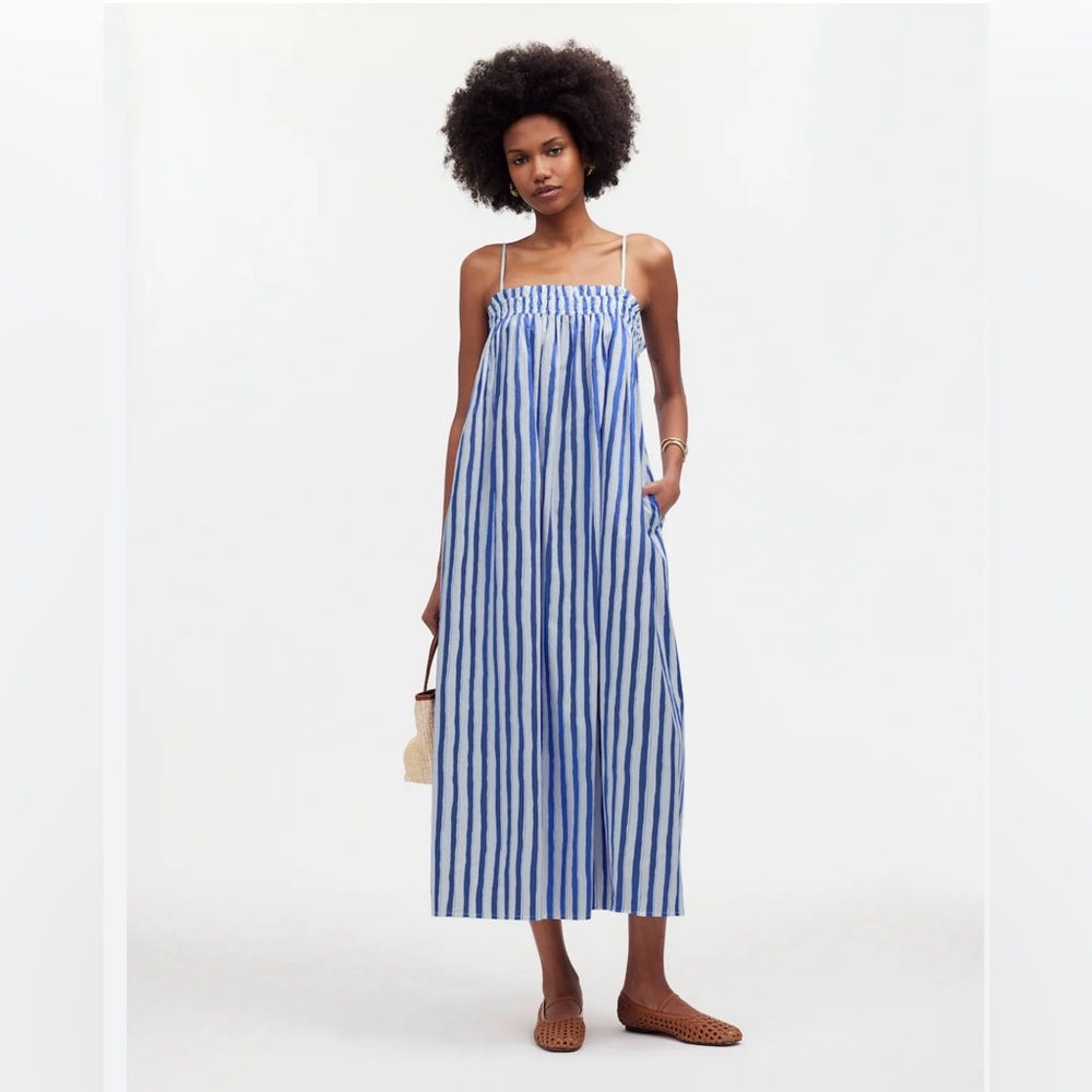 Madewell Ruffle A-Line midi dress in stripe poplin